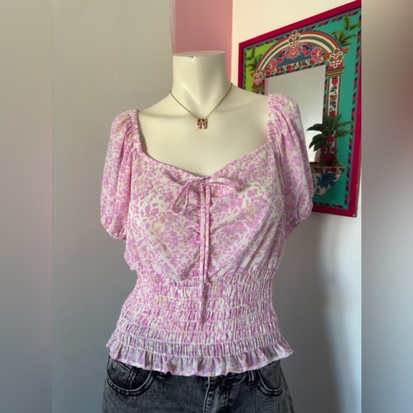 Sienna Sky Pink And White Floral Smocked Tie Detail Short Sleeve Top - Picture 2 of 6